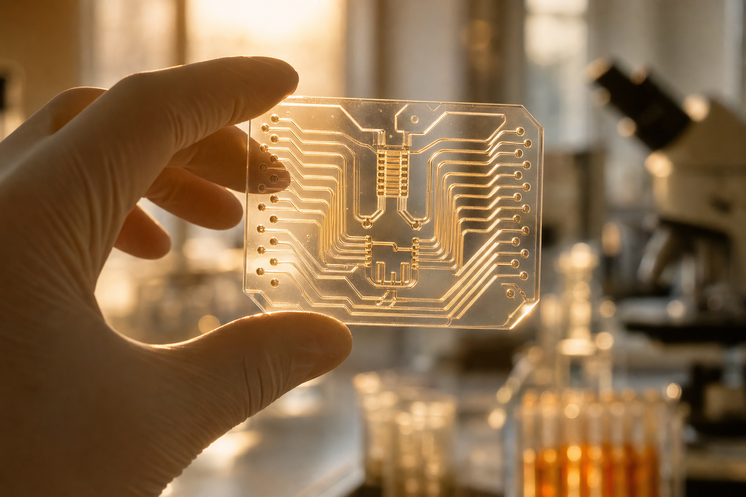 Microfluidic chip held to light with golden backlight