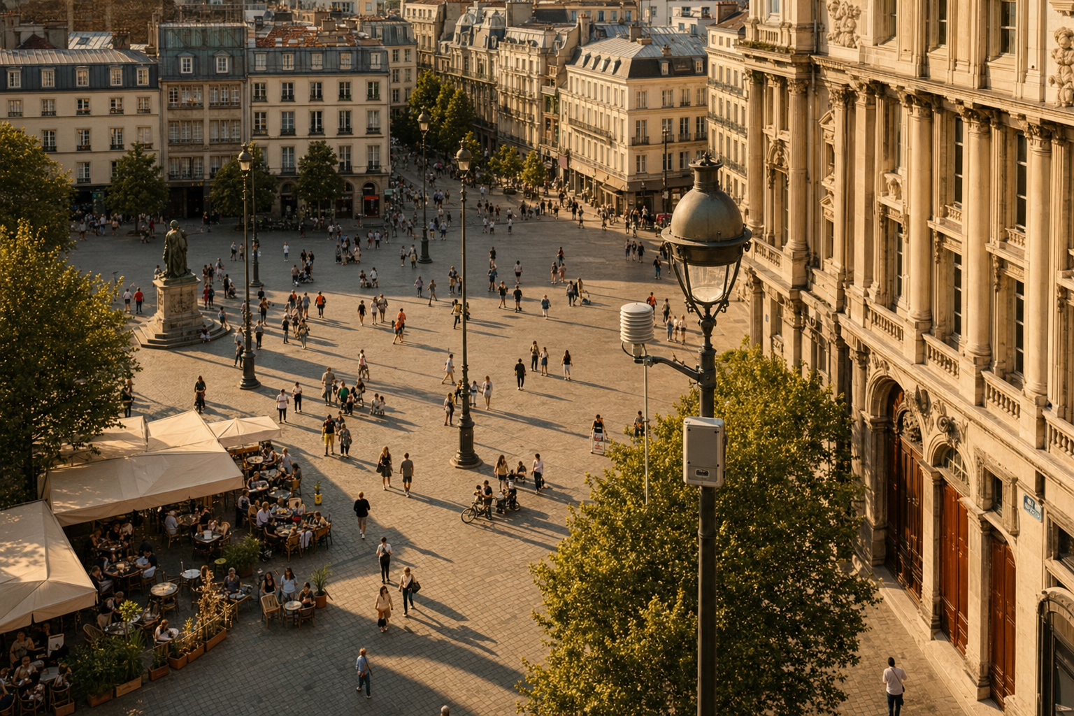 European city square aerial view in warm afternoon light