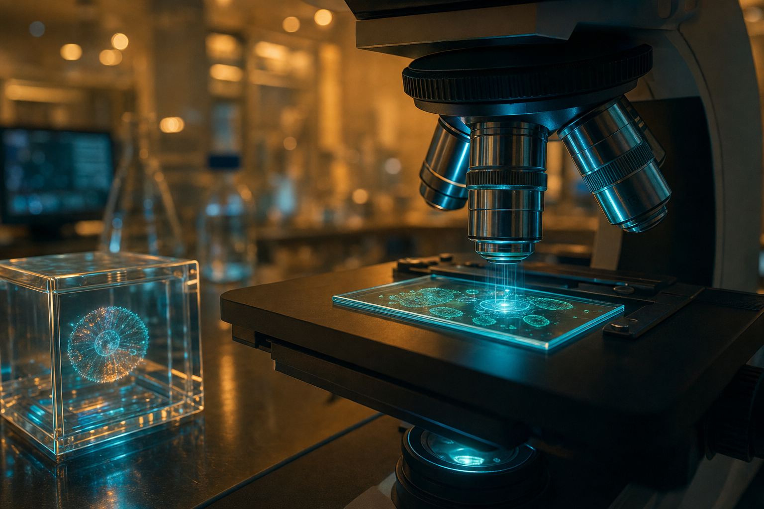 Microscope with holographic sample in warm laboratory light