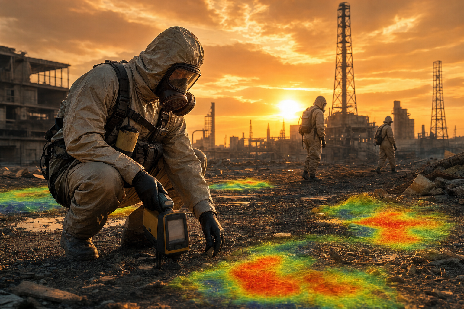 CBRN radiation survey team with aerial heatmap overlay